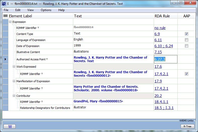 Screenshot of an expression-level record in RIMMF