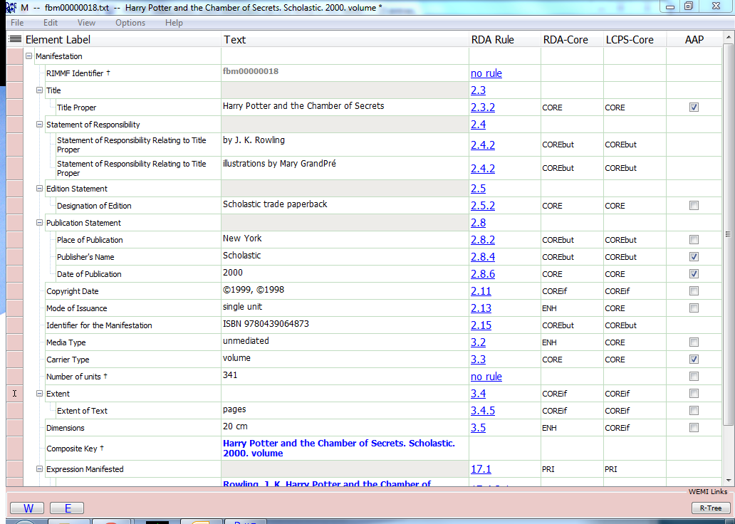 Screenshot of a manifestion-level record in RIMMF