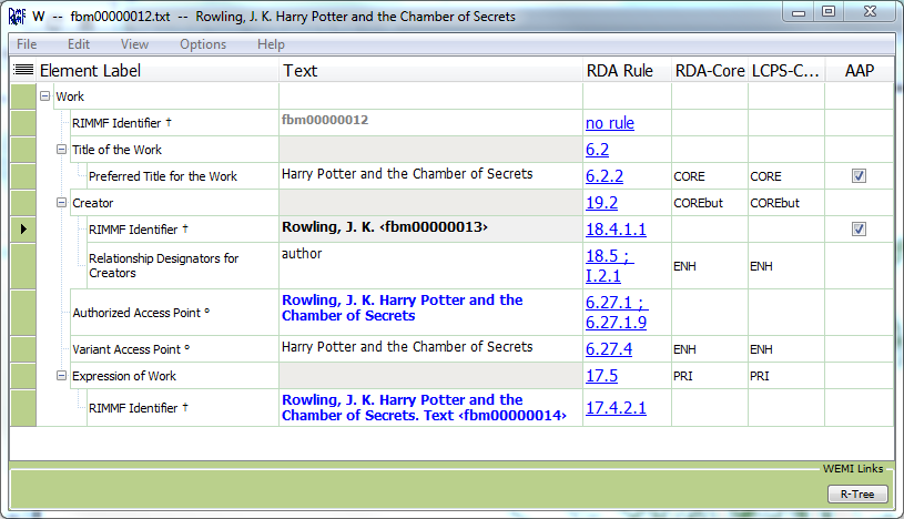 Screenshot of a work-level record in RIMMMF