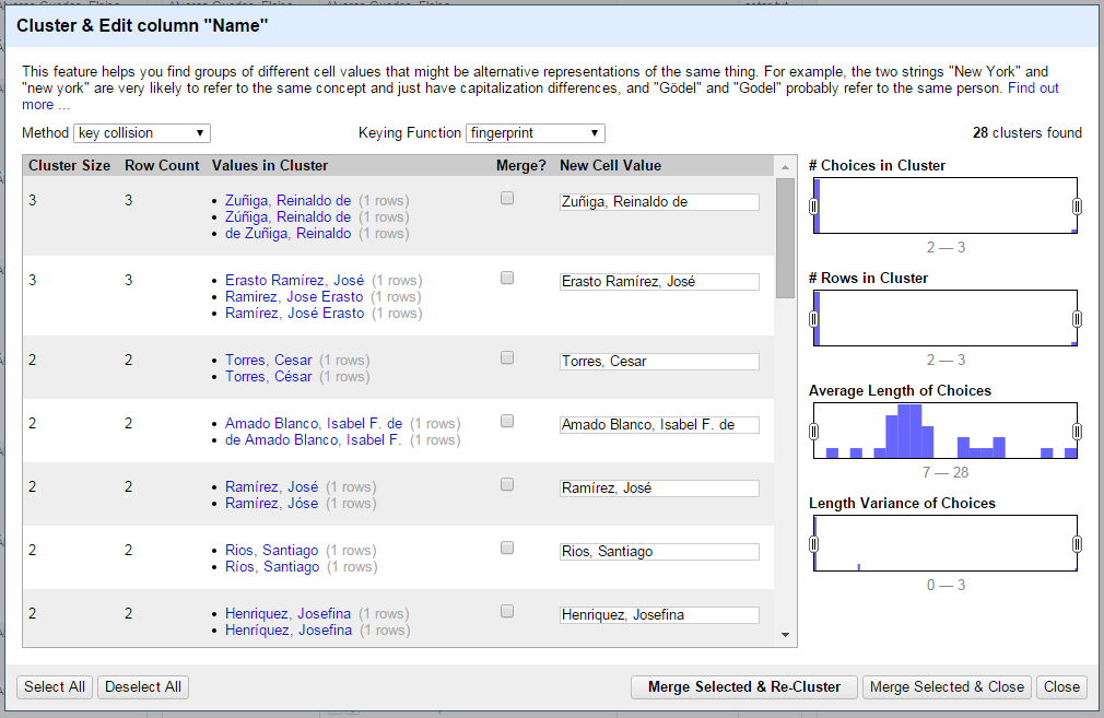 Screenshot of OpenRefine performing clustering