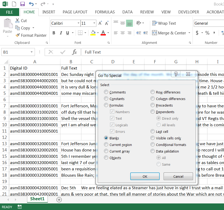Screenshot of Excel 'Go To Special' dialog box