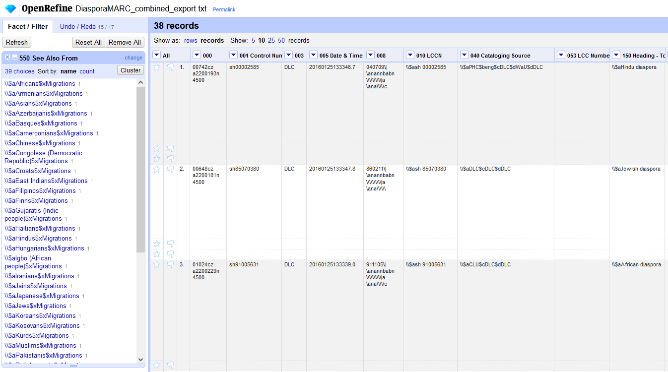 Screenshot of OpenRefine interface, showing a facet on the left and exported MARC record data in the main view.