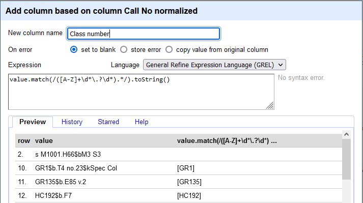 Screenshot of an OpenRefine window for "Add column based on column Call No normalized".
