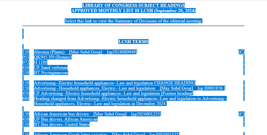 Screenshot of a Monthly List with all text highlighted, ready to be copied