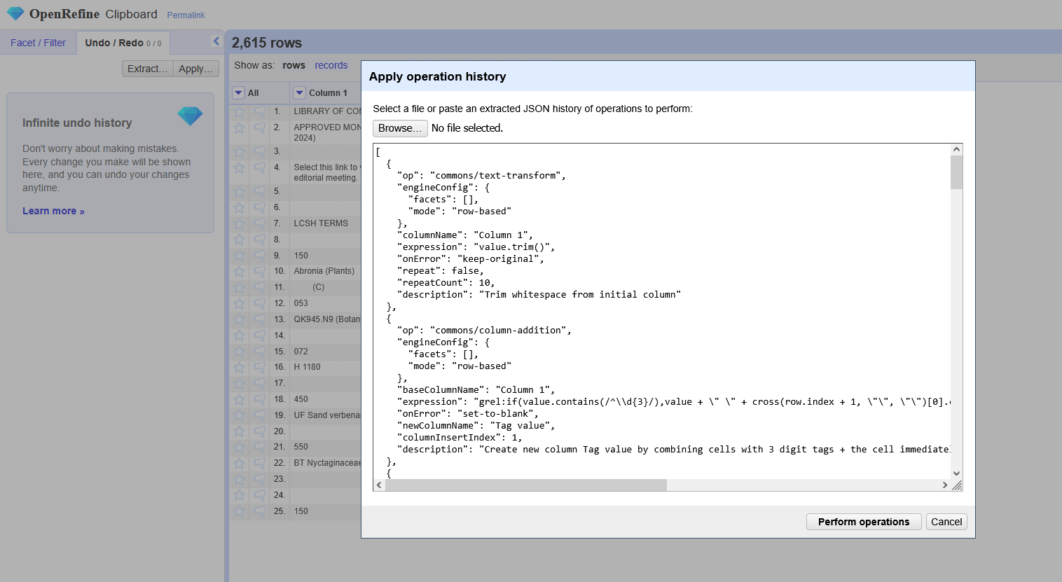 Screenshot of OpenRefine with the "Apply Operation History" window open and lots of JSON pasted in