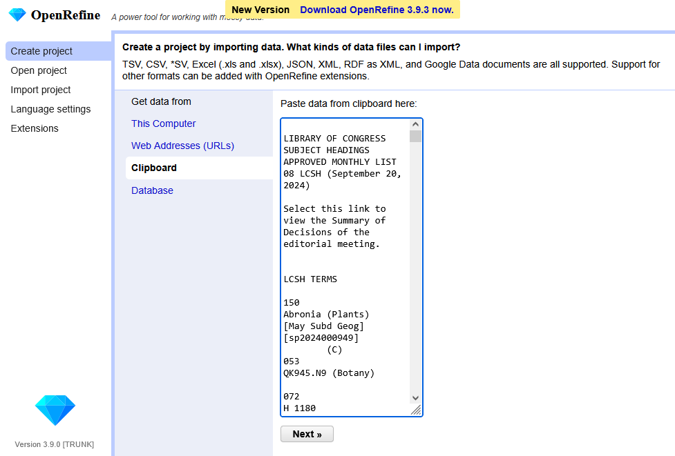 Screenshot of OpenRefine in the middle of creating a new project, showing text pasted into the Clipboard area
