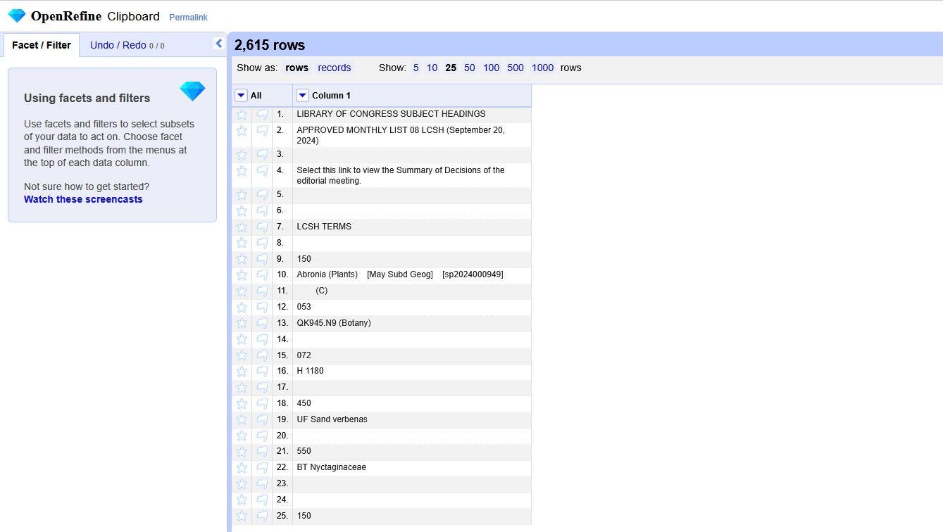 Screenshot of OpenRefine showing a project with many empty rows and rows with data spread across multiple cells